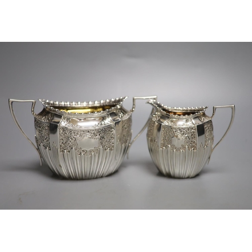 1716 - A late Victorian embossed silver sugar bowl and cream jug, James Dixon & Sons, Sheffield, 1896/7, 17... 