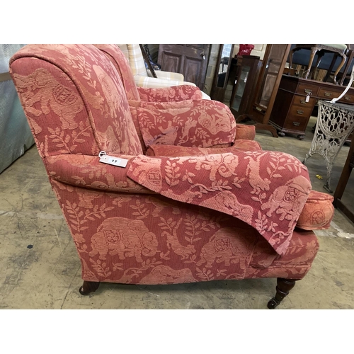 23 - A pair of late Victorian style upholstered lounge armchairs, width 88cm, depth 98cm, height 83cmCOND... 