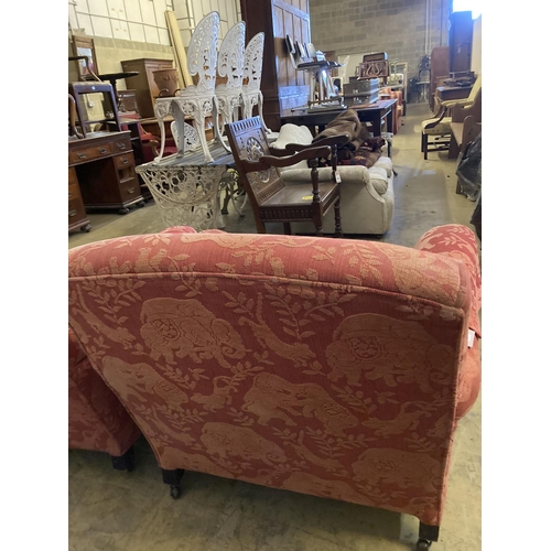 23 - A pair of late Victorian style upholstered lounge armchairs, width 88cm, depth 98cm, height 83cmCOND... 