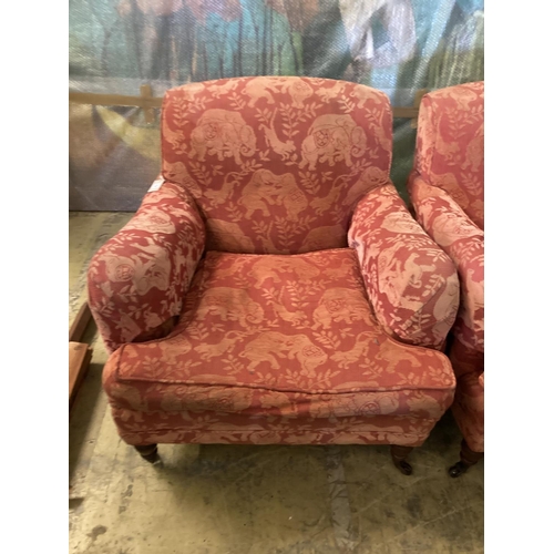 23 - A pair of late Victorian style upholstered lounge armchairs, width 88cm, depth 98cm, height 83cmCOND... 