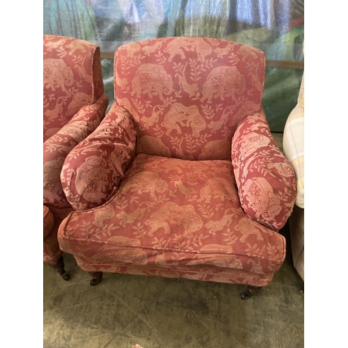 23 - A pair of late Victorian style upholstered lounge armchairs, width 88cm, depth 98cm, height 83cmCOND... 