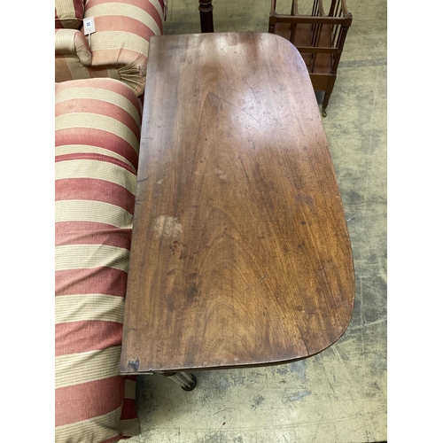 24 - A Regency D shape mahogany folding tea table, width 93cm, depth 45cm, height 74cm