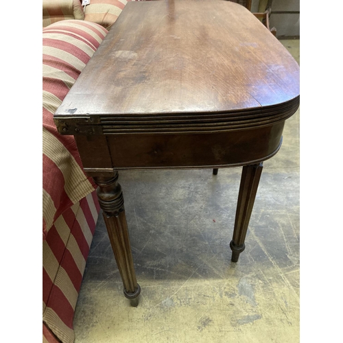 24 - A Regency D shape mahogany folding tea table, width 93cm, depth 45cm, height 74cm