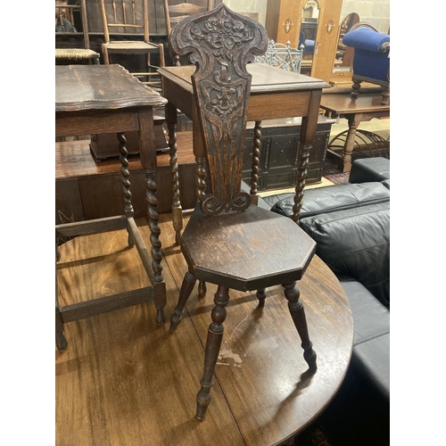 40 - Two 1920's oak occasional tables, larger width 60cm, depth 37cm, height 72cm, together with a carved... 