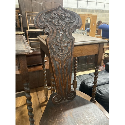 40 - Two 1920's oak occasional tables, larger width 60cm, depth 37cm, height 72cm, together with a carved... 