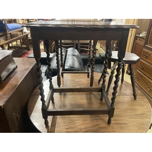 40 - Two 1920's oak occasional tables, larger width 60cm, depth 37cm, height 72cm, together with a carved... 