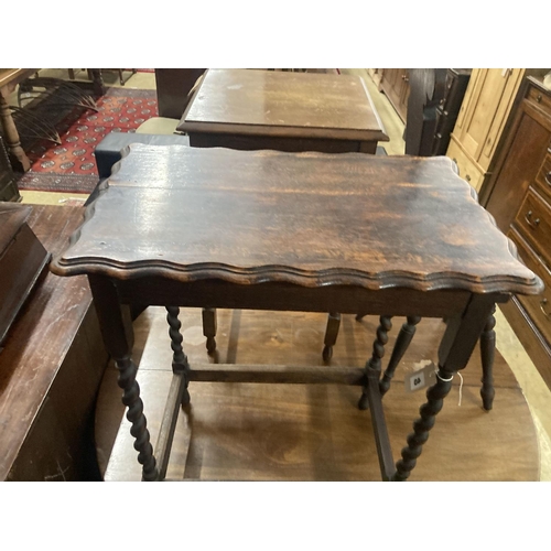 40 - Two 1920's oak occasional tables, larger width 60cm, depth 37cm, height 72cm, together with a carved... 