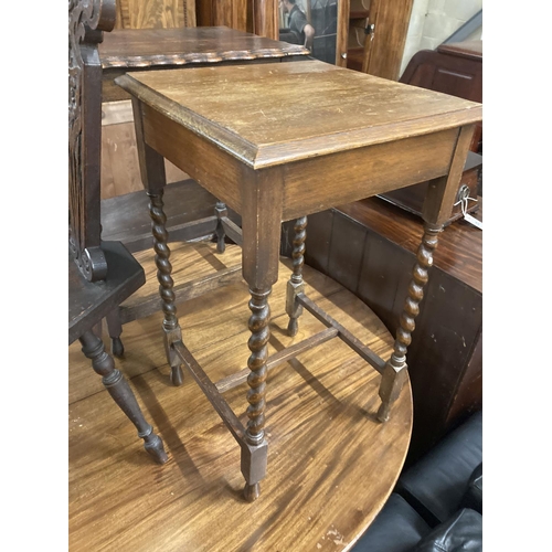 40 - Two 1920's oak occasional tables, larger width 60cm, depth 37cm, height 72cm, together with a carved... 