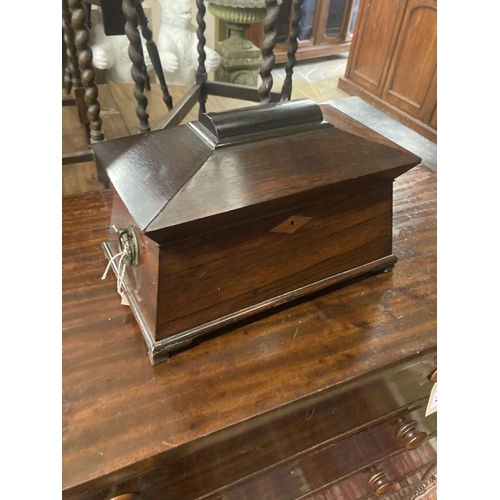 43 - A Victorian rosewood sarcophagus tea caddy, width 34cm, depth 19cm, height 22cm