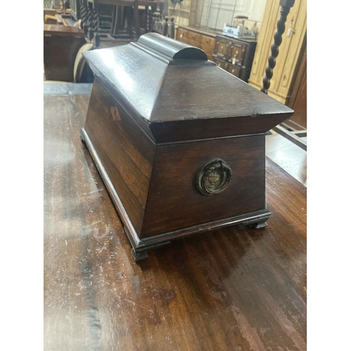43 - A Victorian rosewood sarcophagus tea caddy, width 34cm, depth 19cm, height 22cm