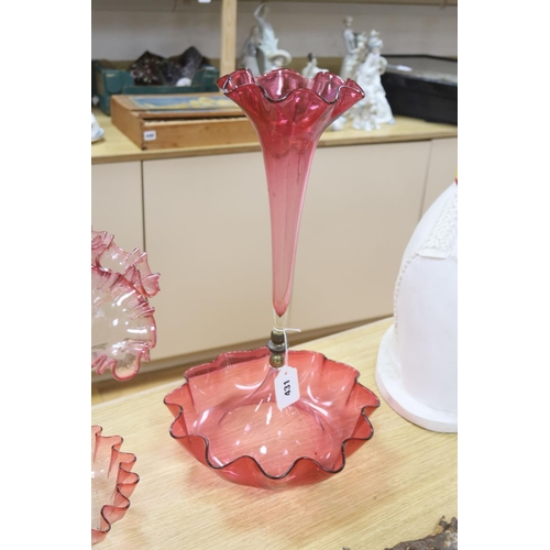 431 - A Victorian cranberry glass four branch epergnes and a single glass epergne, tallest 47cm
