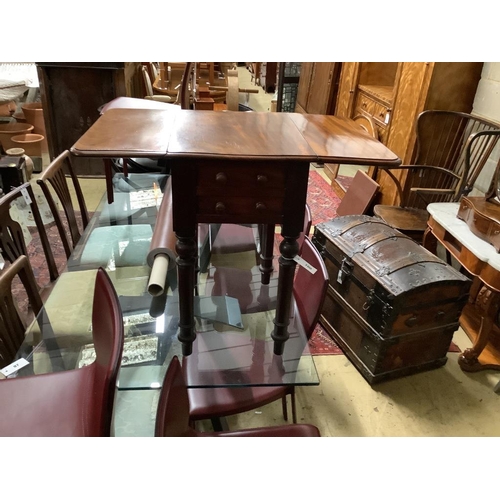 100 - A Victorian mahogany drop flap work table, width 50cm, depth 38cm, height 66cm