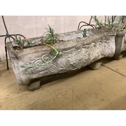 14 - A pair of reconstituted stone serpentine front rectangular garden planters, width 73cm, depth 32cm, ... 