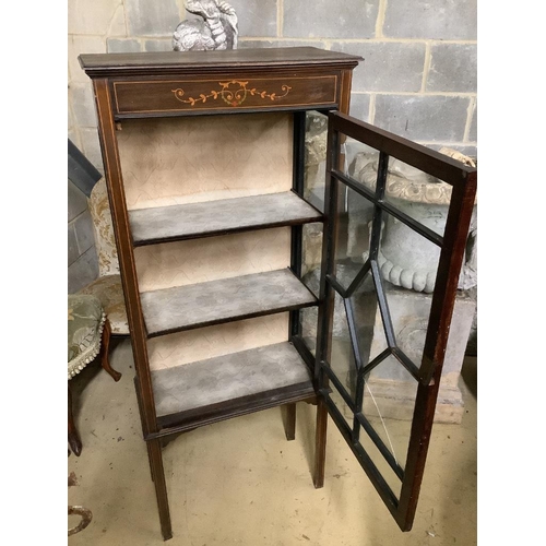 143 - An Edwardian stencil decorated mahogany display cabinet, width 59cm, depth 29cm, height 141cm... 