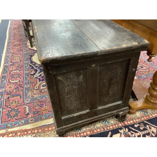 159 - A 17th century oak coffer, length 142cm, depth 53cm, height 64cm