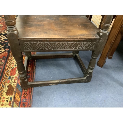 164 - An oak wainscot chair, width 59cm, depth 50cm, height 86cm