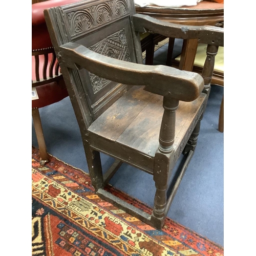 164 - An oak wainscot chair, width 59cm, depth 50cm, height 86cm