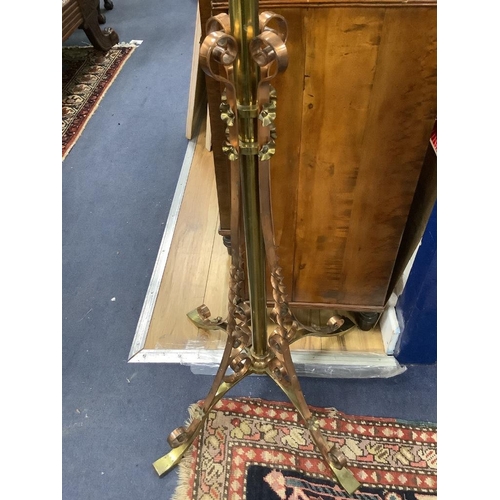 171 - A late Victorian Art Nouveau brass and wrought copper telescopic lamp standard (converted)... 