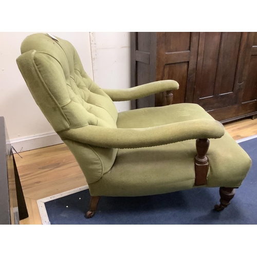 174 - A late Victorian mahogany open armchair, width 77cm, depth 90cm, height 80cm