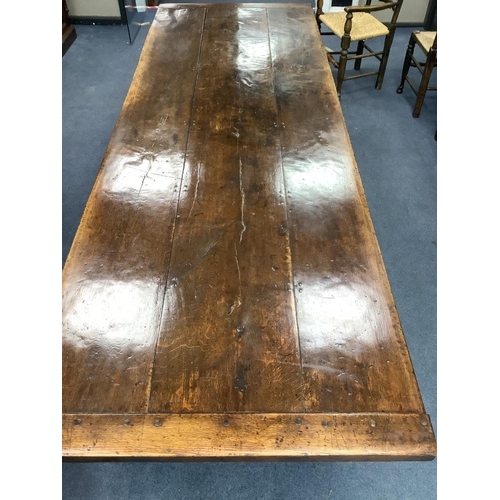 187 - An 18th century style oak refectory dining table, length 274cm, width 94cm, height 72cm