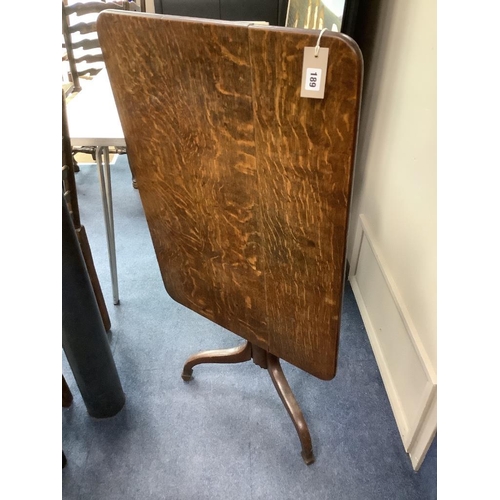 189 - A Victorian oak tilt top tripod tea table, width 82cm, depth 59cm, height 72cm