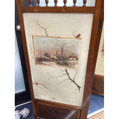 190 - A late Victorian walnut three fold dressing screen with painted canvas panels, each panel width 50cm... 