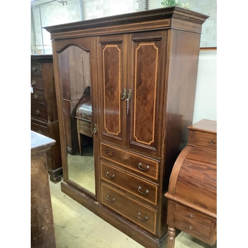 2 - An Edwardian satinwood banded mahogany wardrobe, width 160cm, depth 56cm, height 206cm