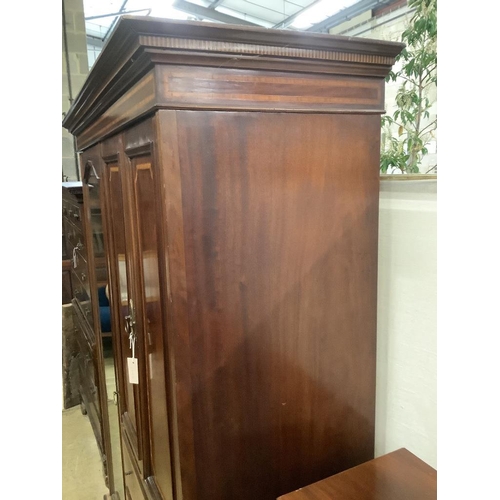 2 - An Edwardian satinwood banded mahogany wardrobe, width 160cm, depth 56cm, height 206cm