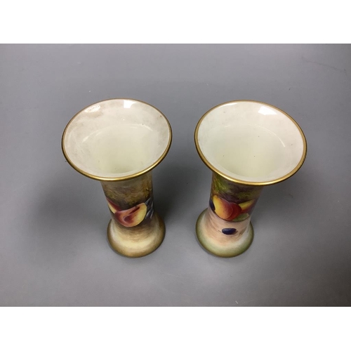 214 - A pair of Royal Worcester fruit painted waisted vases, signed Maybury, height 17cm