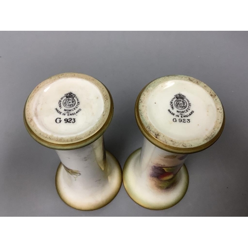 214 - A pair of Royal Worcester fruit painted waisted vases, signed Maybury, height 17cm