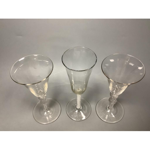 223 - A George III double series opaque twist ale glass and pair of George III style air twist wine glasse... 