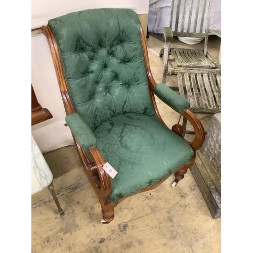 23 - A mid Victorian upholstered mahogany armchair, width 66cm, depth 70cm, height 94cm