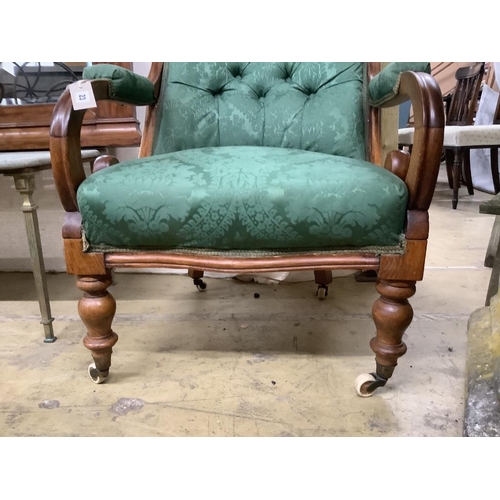 23 - A mid Victorian upholstered mahogany armchair, width 66cm, depth 70cm, height 94cm