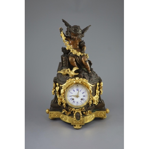 243 - A large French figural bronze and ormolu mantel clock, 19th centurythe enamelled dial with blue Roma... 