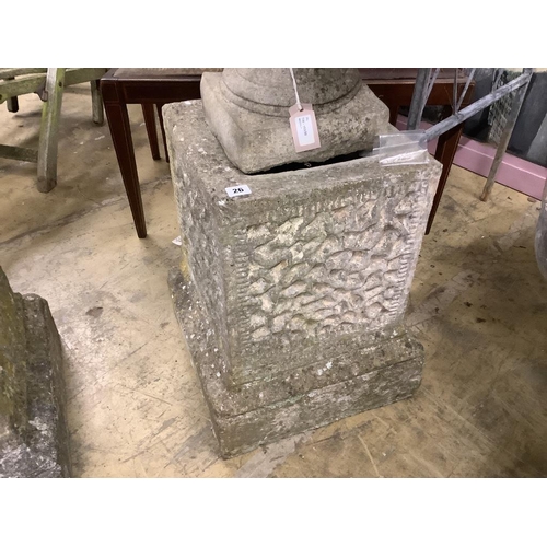 26 - A pair of reconstituted stone urns on plinths, diameter 58cm, height 94cm