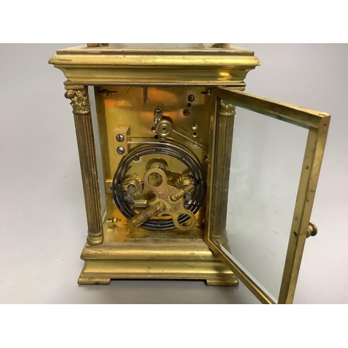 263 - A large French gilt brass repeating carriage clock, signed EM and co.16cm