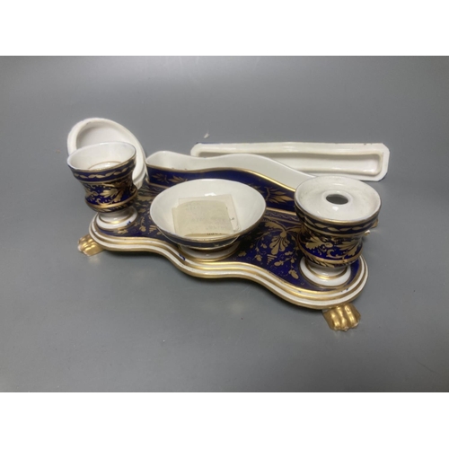 265 - A Derby porcelain blue and gilt decorated inkstand, c.1820, width 21cm