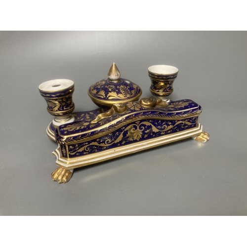 265 - A Derby porcelain blue and gilt decorated inkstand, c.1820, width 21cm