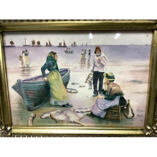 270 - A framed porcelain plaque, painted by E.R. Booth, depicting fisherwomen at the shore, 12 x 17cm excl... 