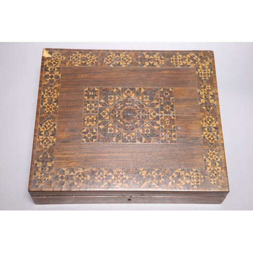 290 - A mid 19th century Tunbridge ware rosewood half square mosaic writing slope, 28cm wide