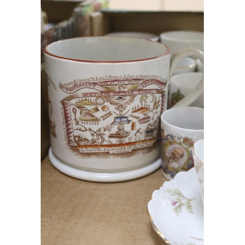 293 - A collection of commemorative ceramics, including a pearlware Orangemen mug dedicated to William III... 