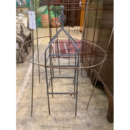 30 - Four wrought iron growing frames, largest width 42cm, depth 42cm, height 122cm