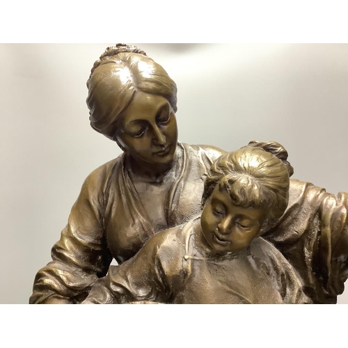 316 - A 20th century cold cast bronze resin figure group of a mother and daughter playing an instrument, h... 