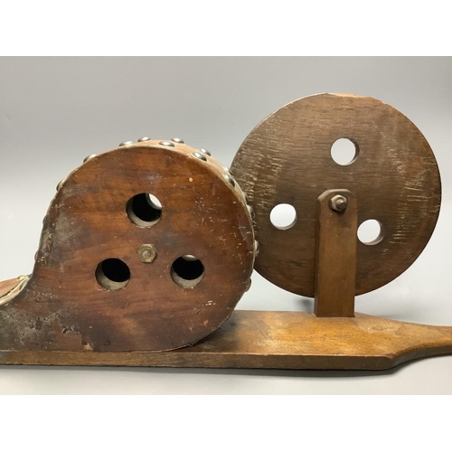 318 - An 19th century pair of wood and copper mechanical peat bellows, length 60cm