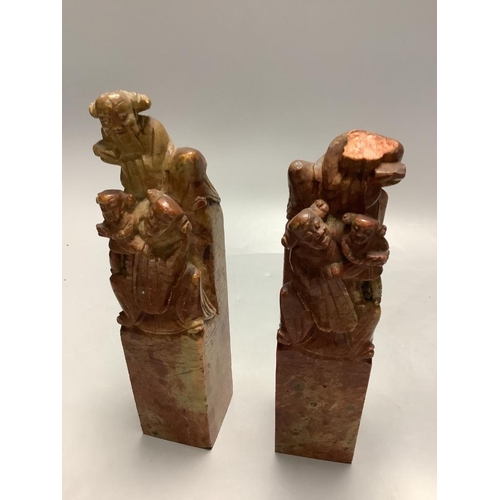 319 - A pair of Chinese soapstone carvings and a modern Chinese plaque