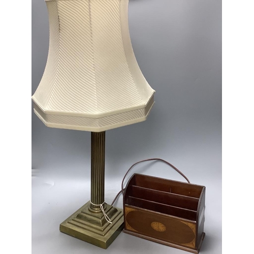 323 - A brass corinthian table lamp and an Edwardian inlaid mahogany letter rack