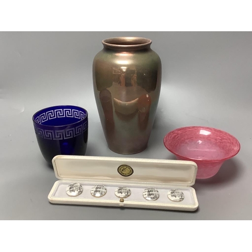 336 - A Schneider pink glass rinser, signed, a cased set of Fornasetti buttons, a Rosenthal Versace glass ... 