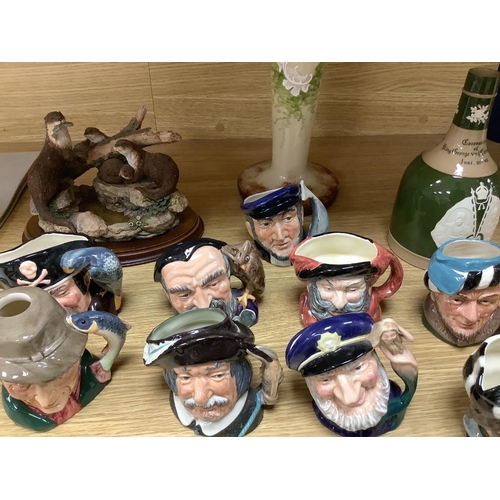 355 - Thirteen Royal Doulton character jugs, a Copeland Spode vase and two other pieces