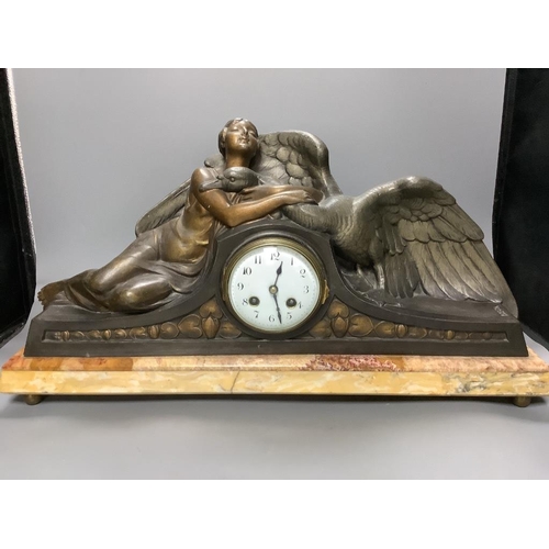 368 - A large Art Deco patinated spelter and marble figural clock garniture, signed P. Seca, longest piece... 