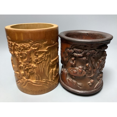 376 - Six Chinese carved bamboo and wood brush pots, tallest 17.5cm